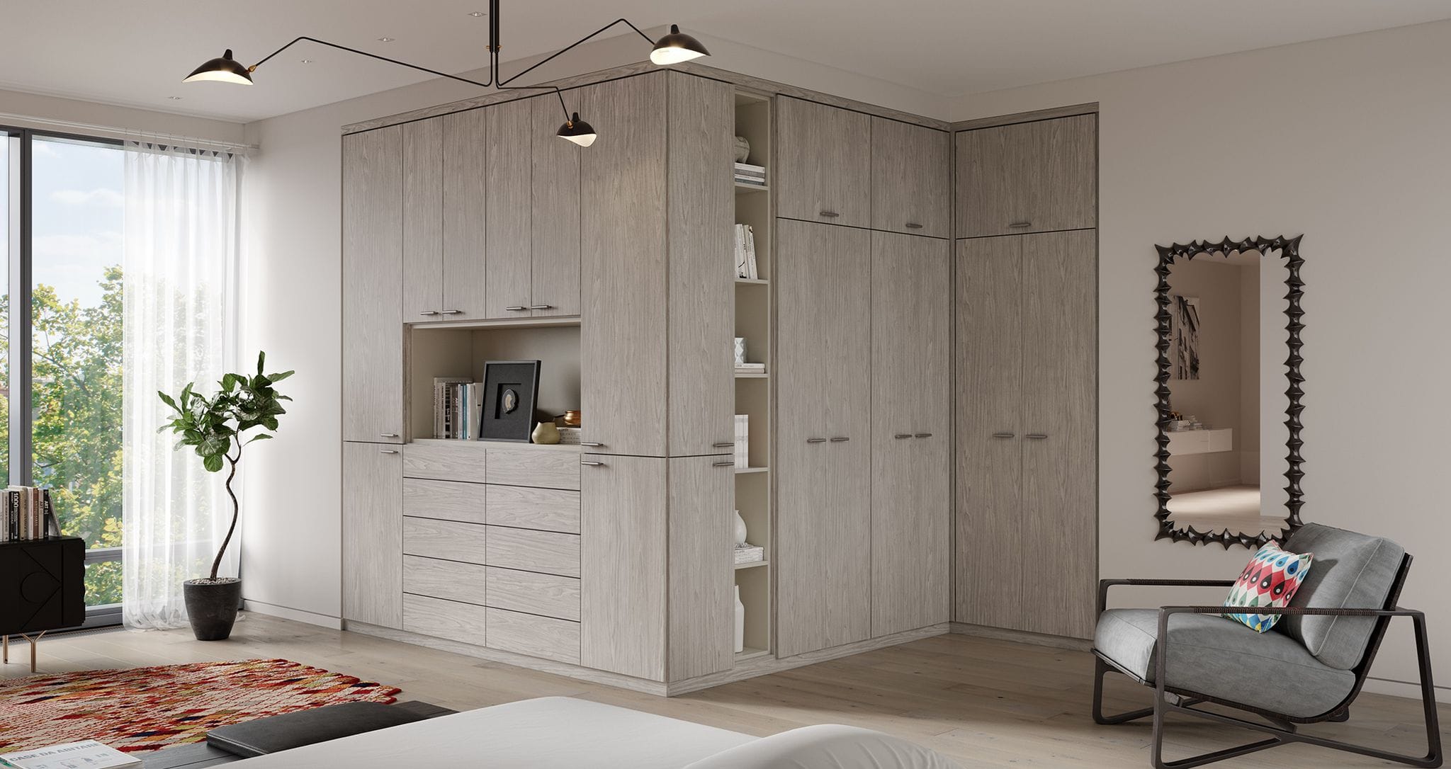 Corner wrap closet storage cabinets, drawers and open shelving in light grey finish by California Closets