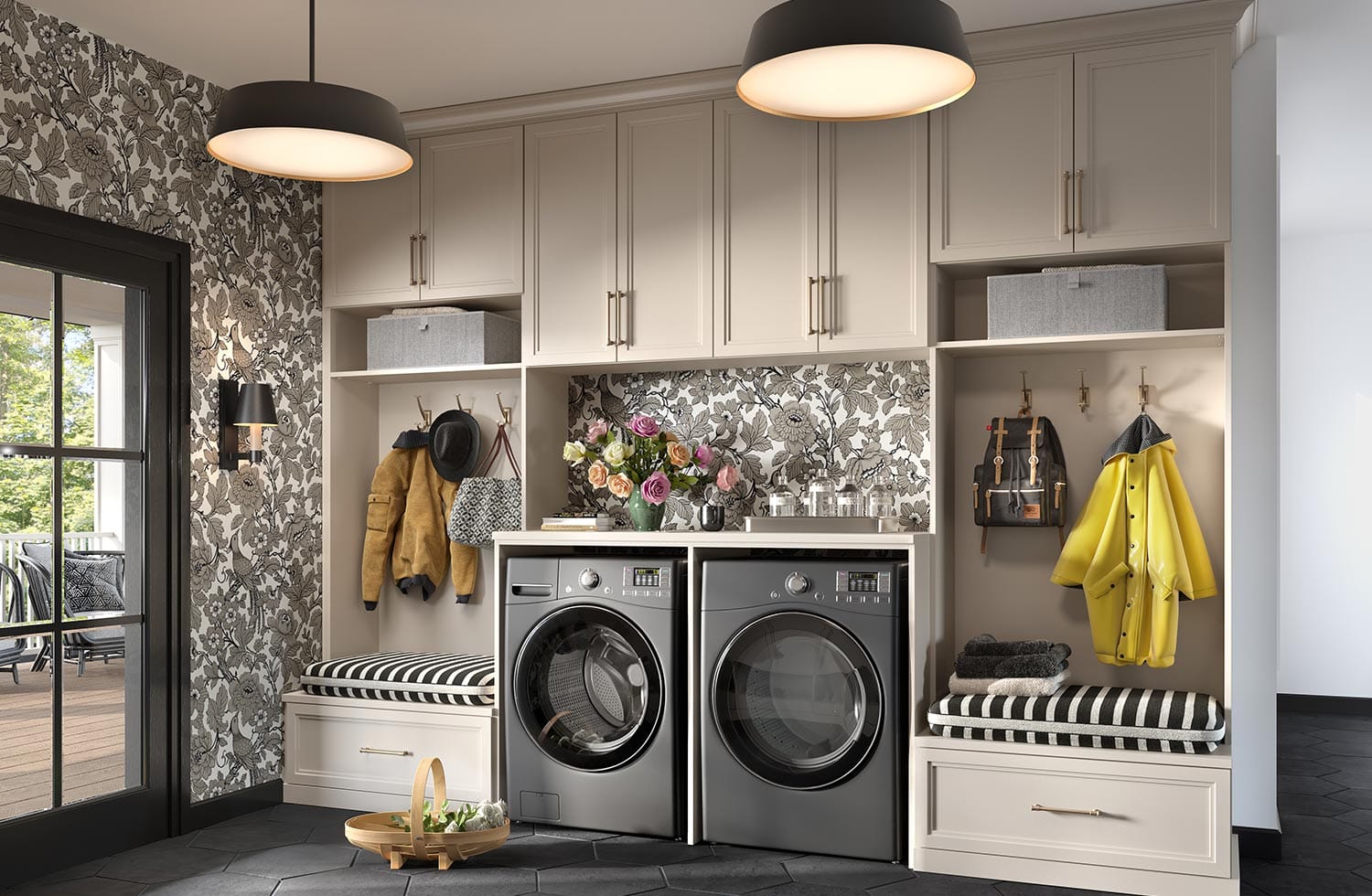 Mudroom and laundry room design ideas with cabinets for side entry by California Closets