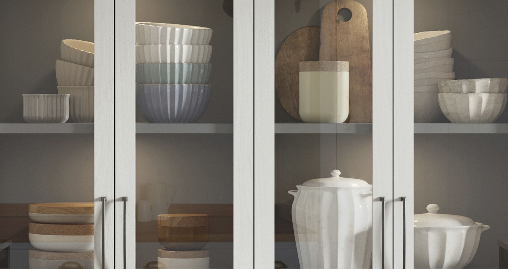 Clear cabinet door inserts on customized storage system created by California Closets