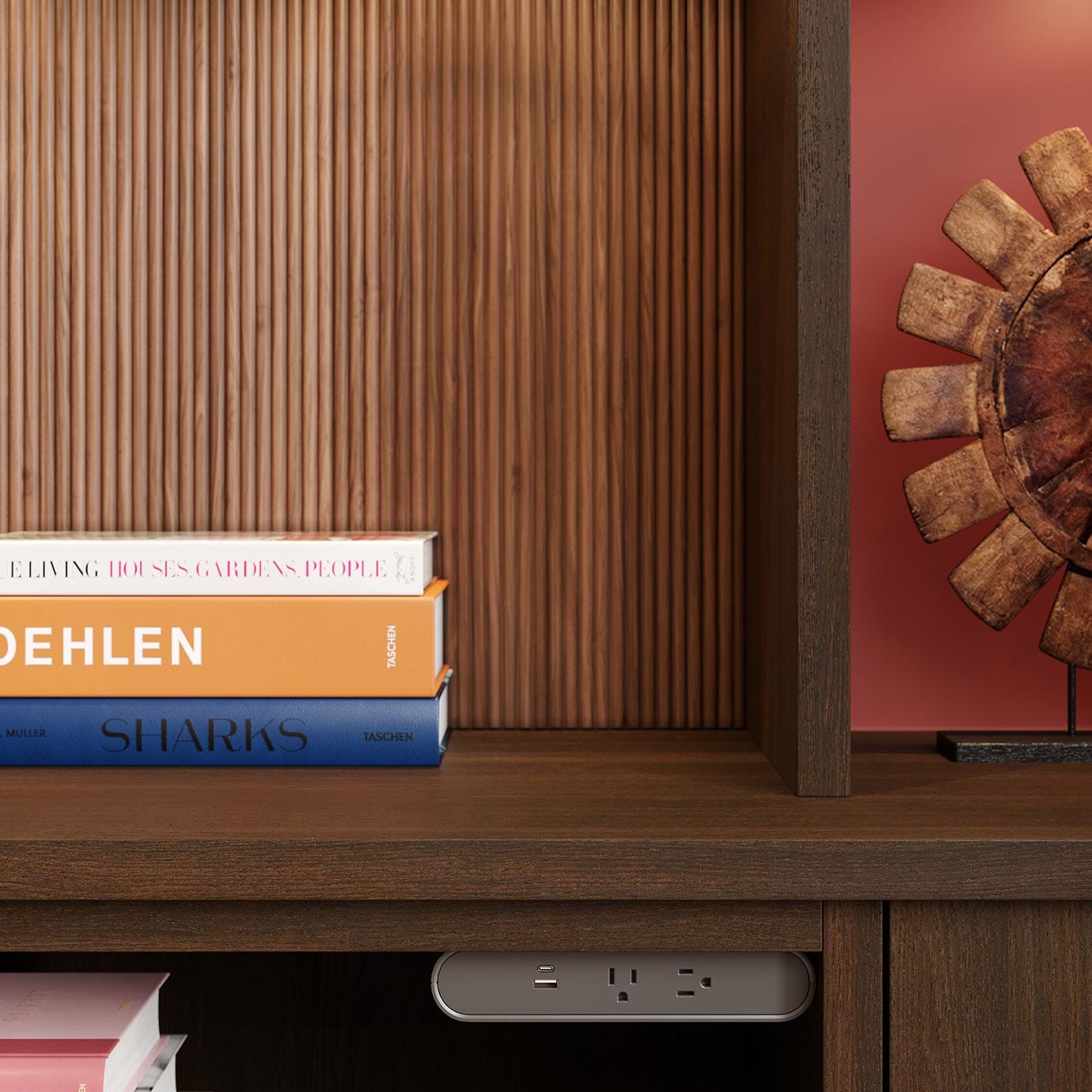 Custom built cabinets in a dark wood finish design by California Closets