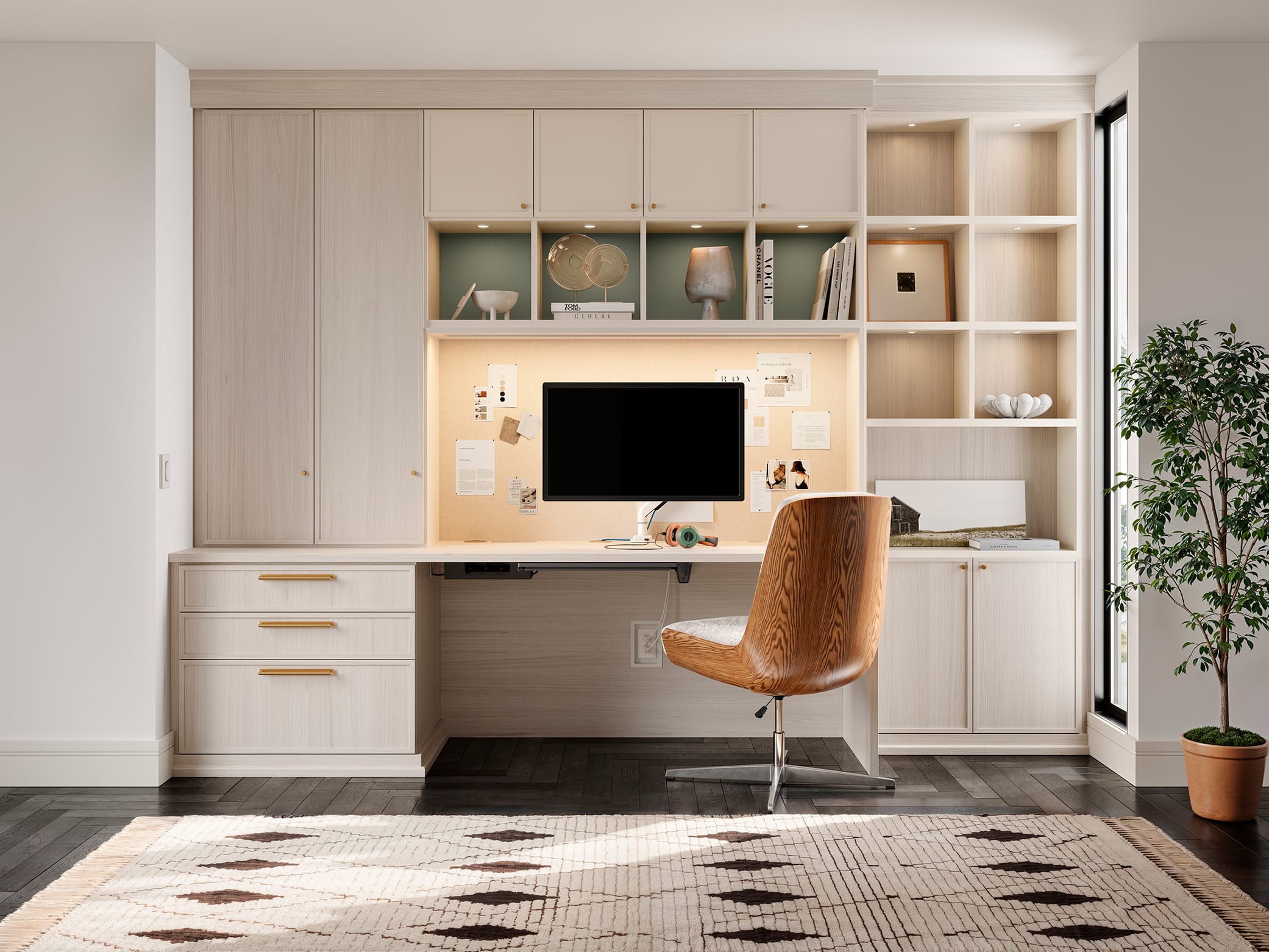 Home office desk with custom lighting, marker and fabric boards from California Closets