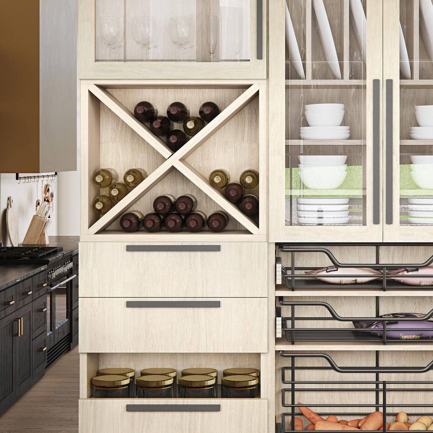 Pantry storage in a farmhouse style with wine storage fridge