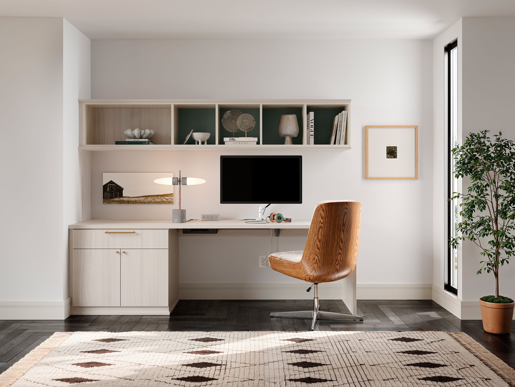 Open shelving over a floor mounted desk in home office by California Closets