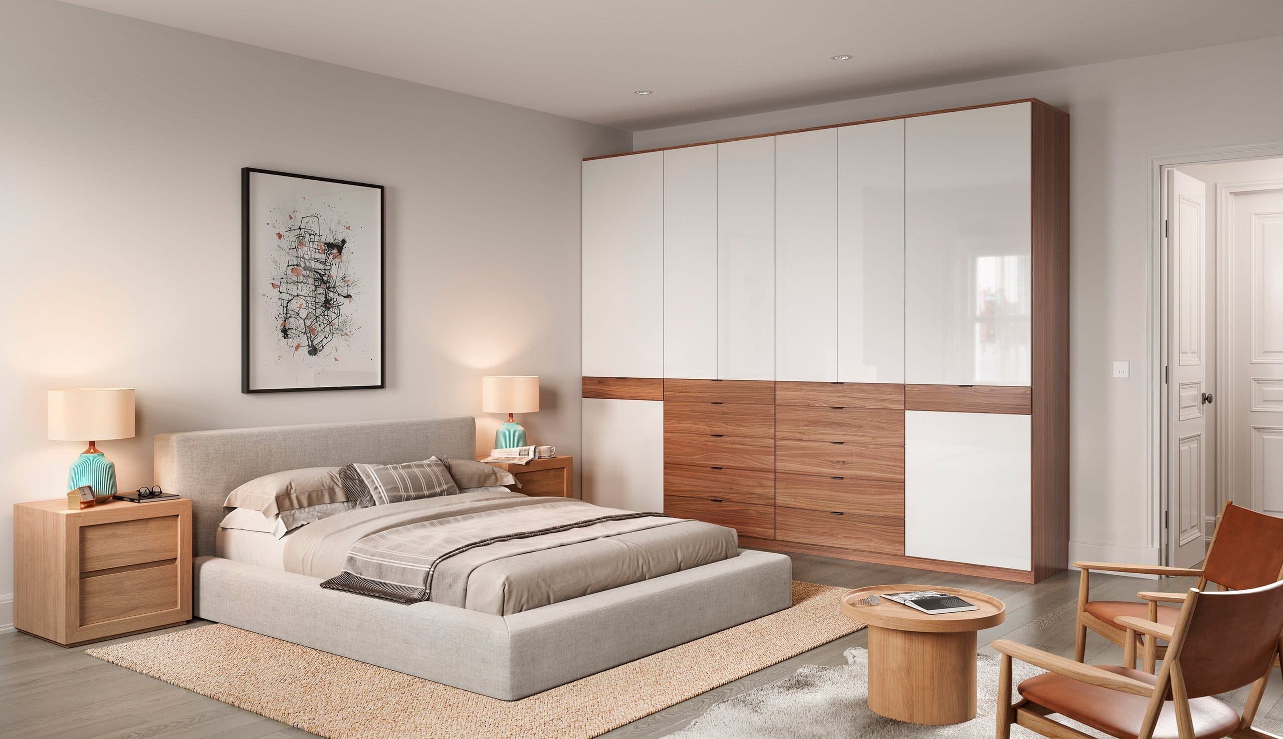 Professionally designed and installed with cabinet storage in white gloss and natural finishes by California Closets